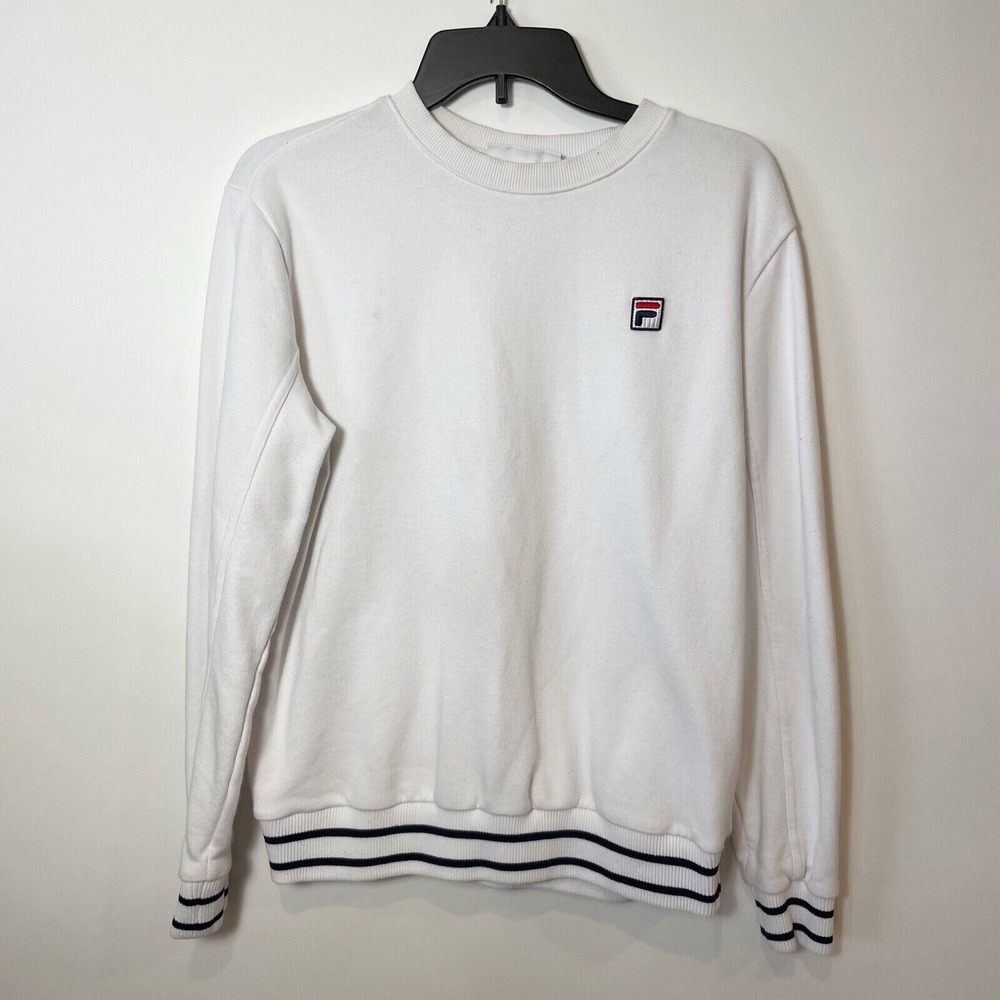 FILA Crew Neck Pullover Sweatshirt Womens L White French Terry Striped Hem‎ Y2K